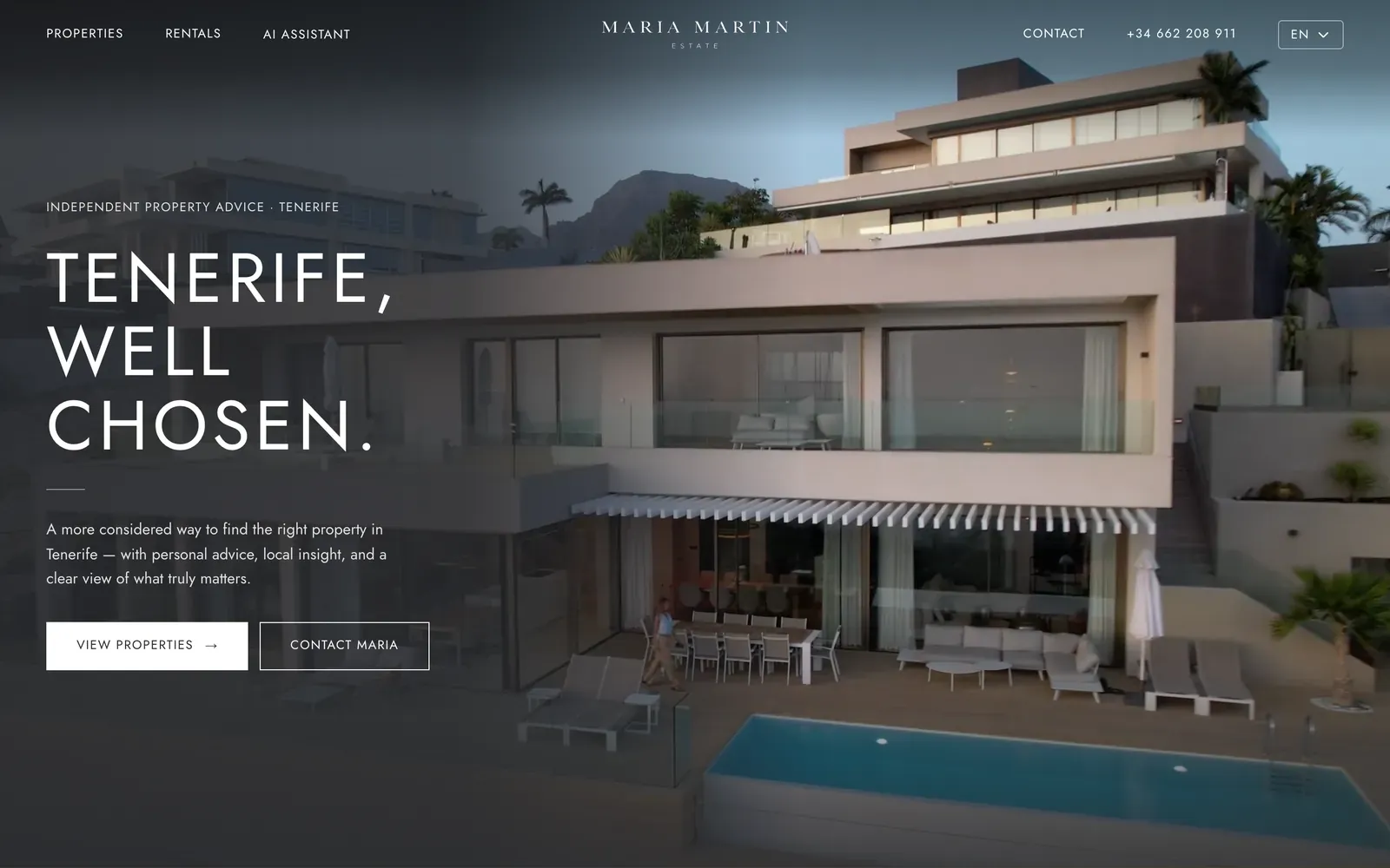 Maria Martin Estate home page: “Tenerife, well chosen.” over a modern villa with a pool, with buttons to view properties and contact Maria