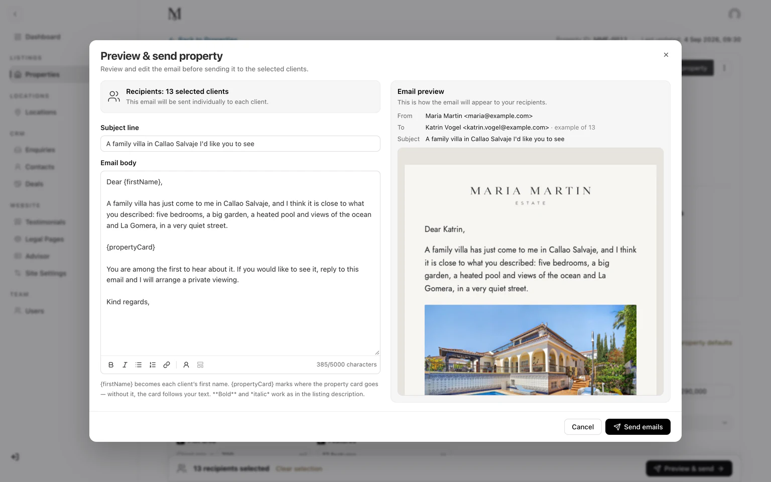 Vista previa y envío: el email personal de Maria con la ficha del inmueble, tal como llegará; las 13 coincidencias que pueden recibirlo están seleccionadas, cada una lo recibe por separado, y la vista previa muestra el de Katrin.