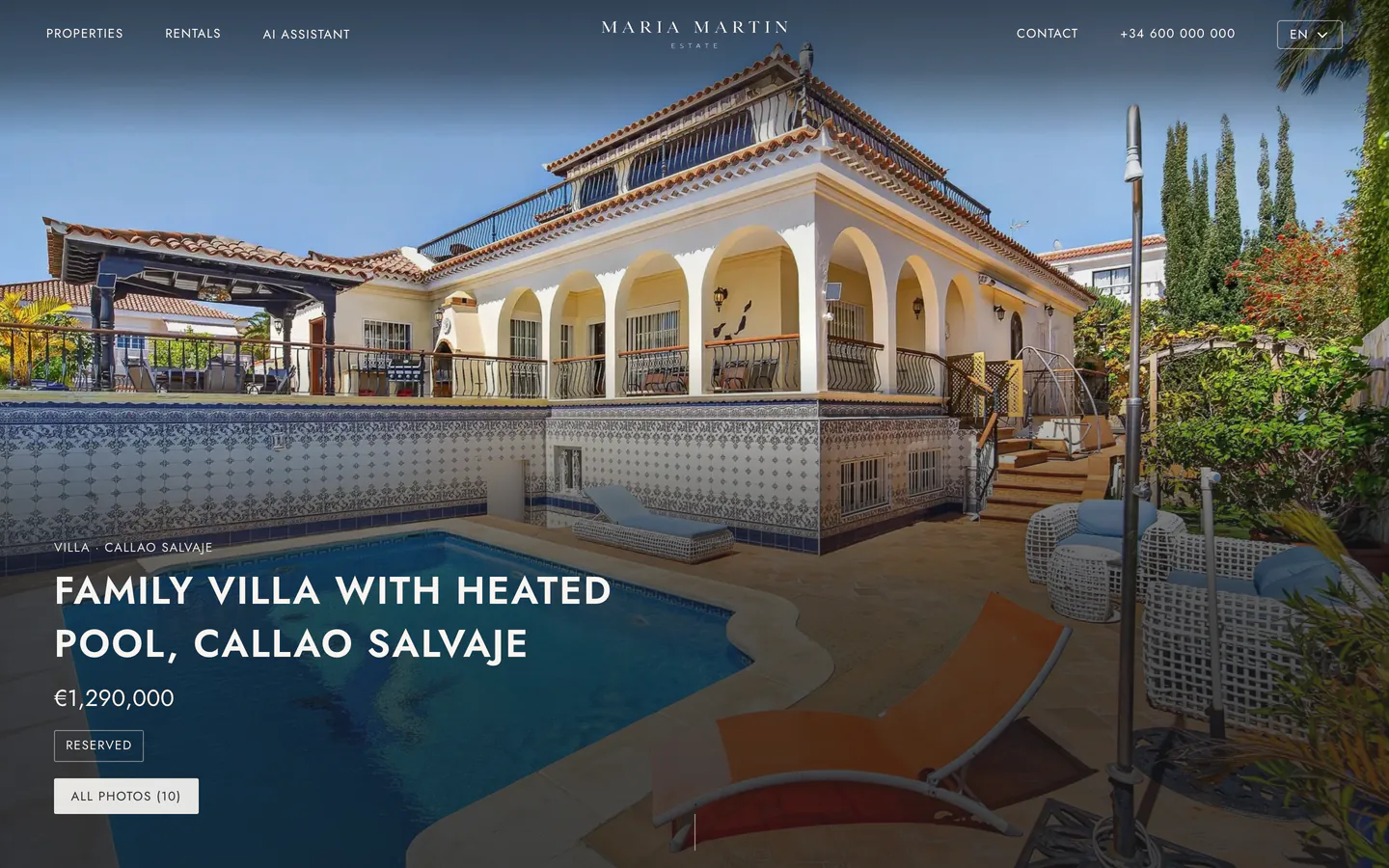 La página pública de la villa de Callao Salvaje después de pasar la operación a Reservation: el anuncio aparece ahora como reservado.