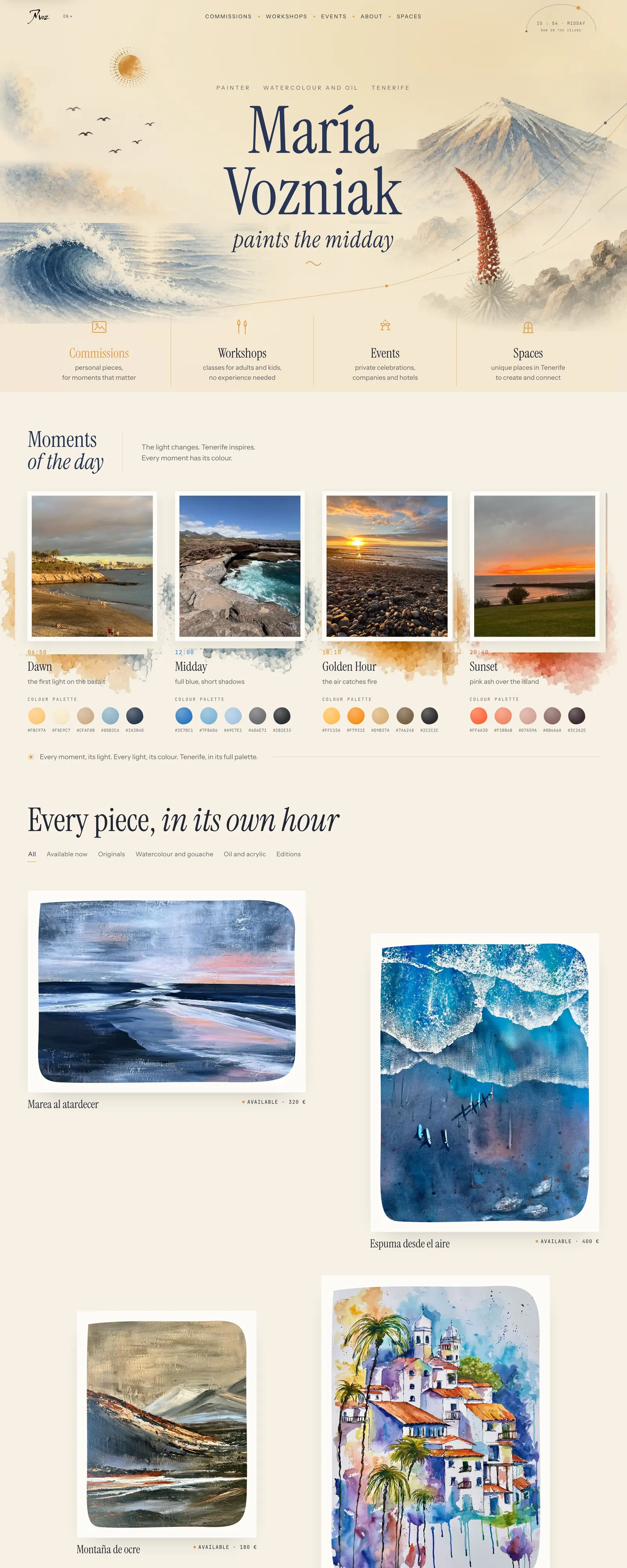 VOZNIAK ART home page: “María Vozniak paints the midday” among watercolours of a wave and a volcano, above links to commissions, workshops, events and spaces